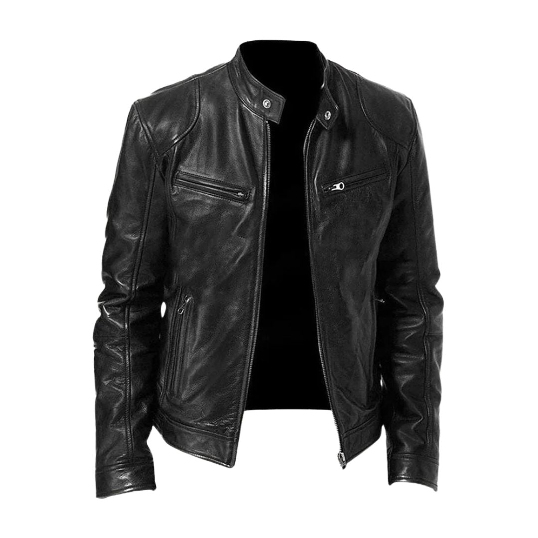 Men's zip front biker jacket with stand collar and zipped pockets