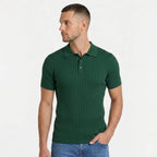 Men's ribbed knit polo shirt with short sleeves and button placket