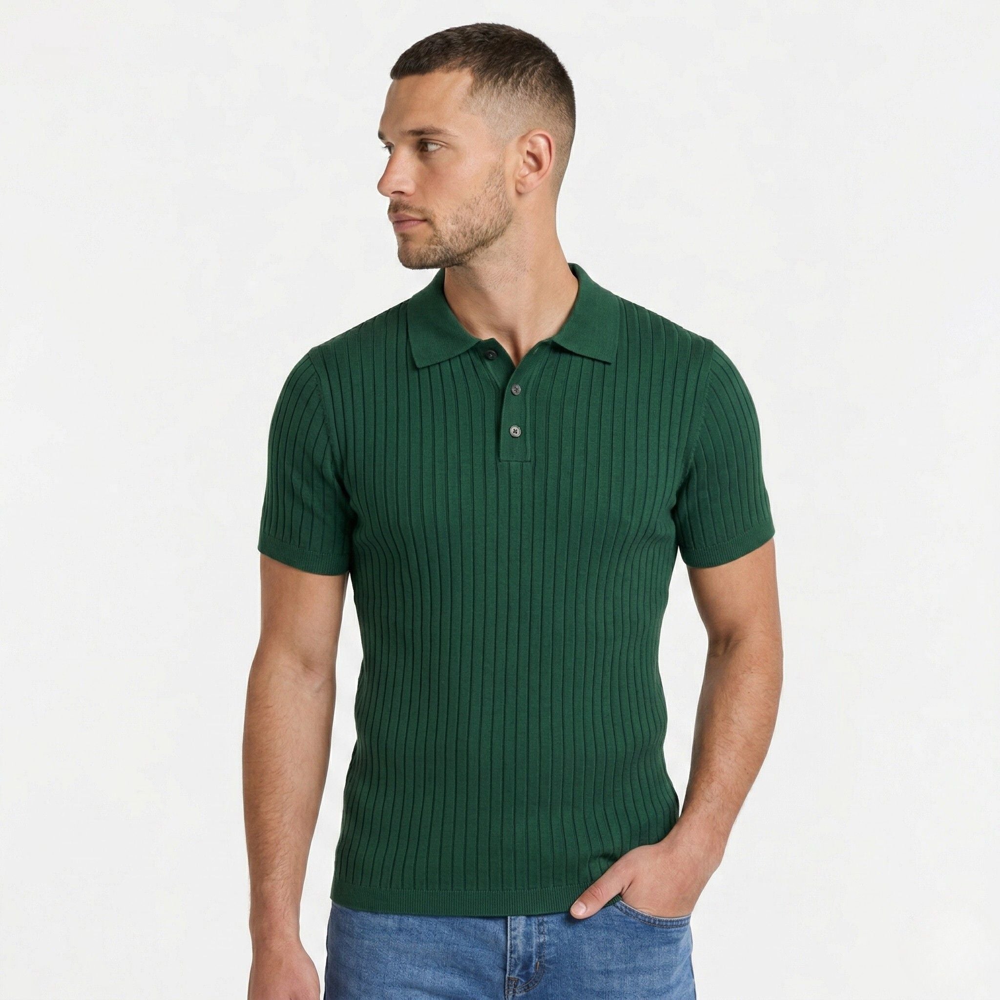 Men's ribbed knit polo shirt with short sleeves and button placket