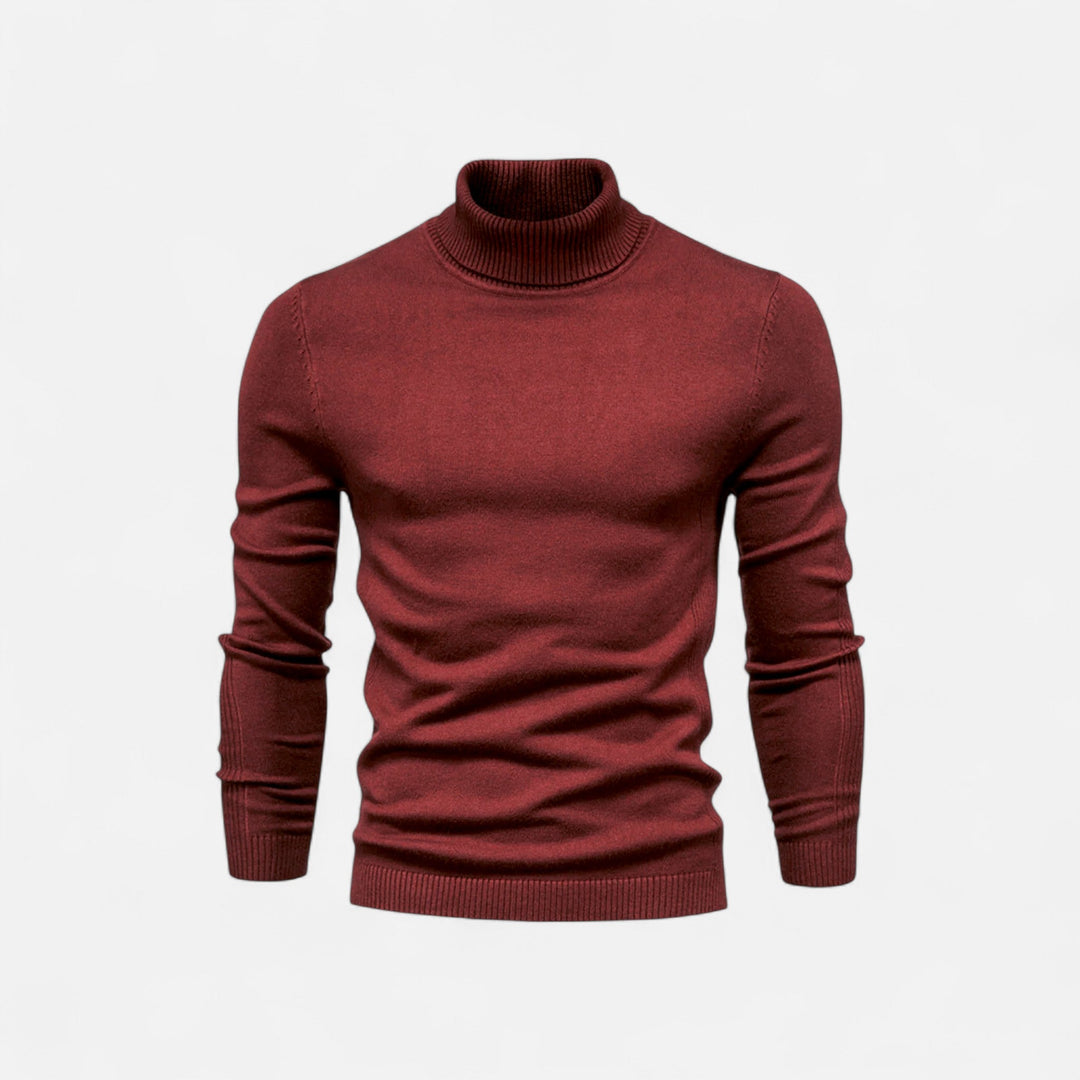 Men's half-zip knit sweater with raised turtleneck collar