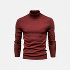 Men's half-zip knit sweater with raised turtleneck collar