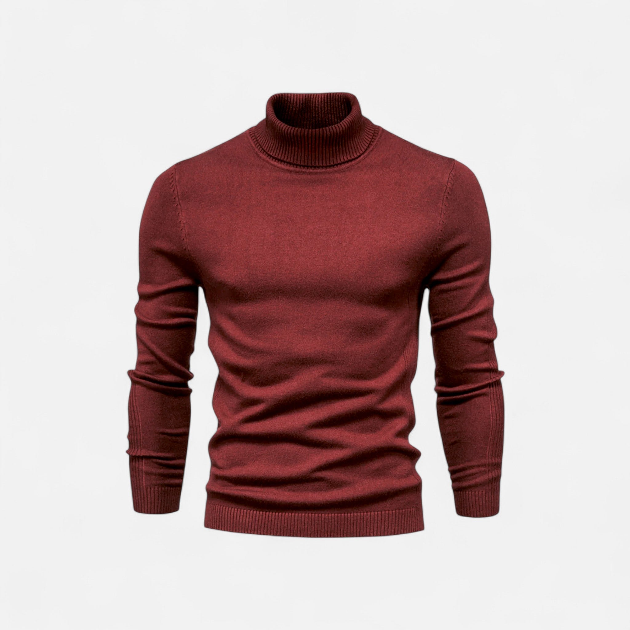 Men's half-zip knit sweater with raised turtleneck collar