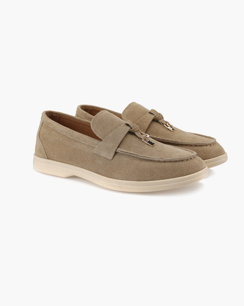 Women's slip-on loafers with moc toe stitching and metal horsebit detail