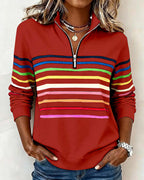 Women's striped quarter zip sweatshirt with mock neck