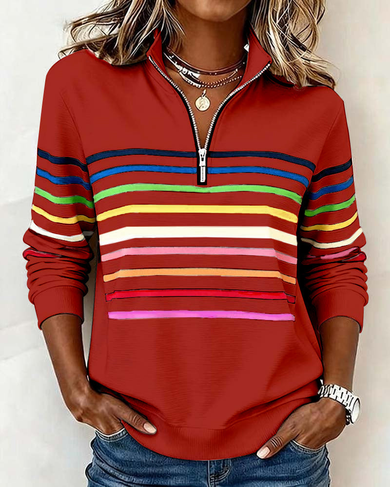 Women's striped quarter zip sweatshirt with mock neck