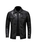 Men's black collared jacket with long sleeves, chest pockets and zip front
