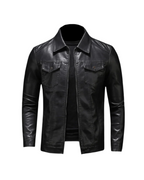 Men's black collared jacket with long sleeves, chest pockets and zip front