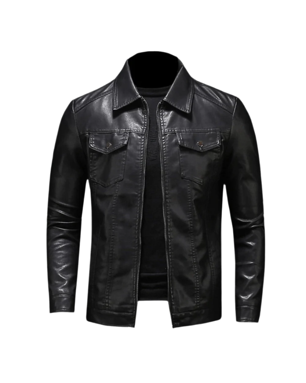 Men's black collared jacket with long sleeves, chest pockets and zip front