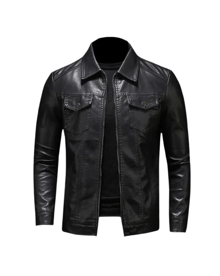 Men's black collared jacket with long sleeves, chest pockets and zip front