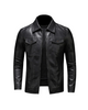 Men's black collared jacket with long sleeves, chest pockets and zip front