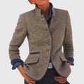 Women's button front jacket with Mandarin collar, long sleeves and contrast-trimmed pockets