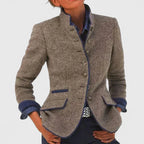Women's button front jacket with Mandarin collar, long sleeves and contrast-trimmed pockets
