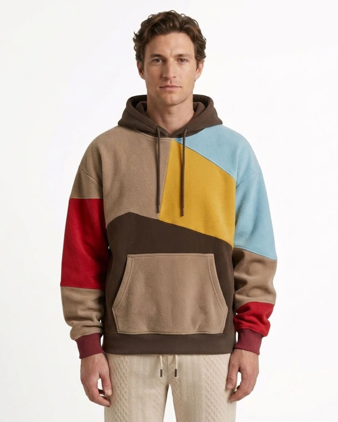 Men's long-sleeve geometric colour-block hooded sweatshirt with kangaroo pocket