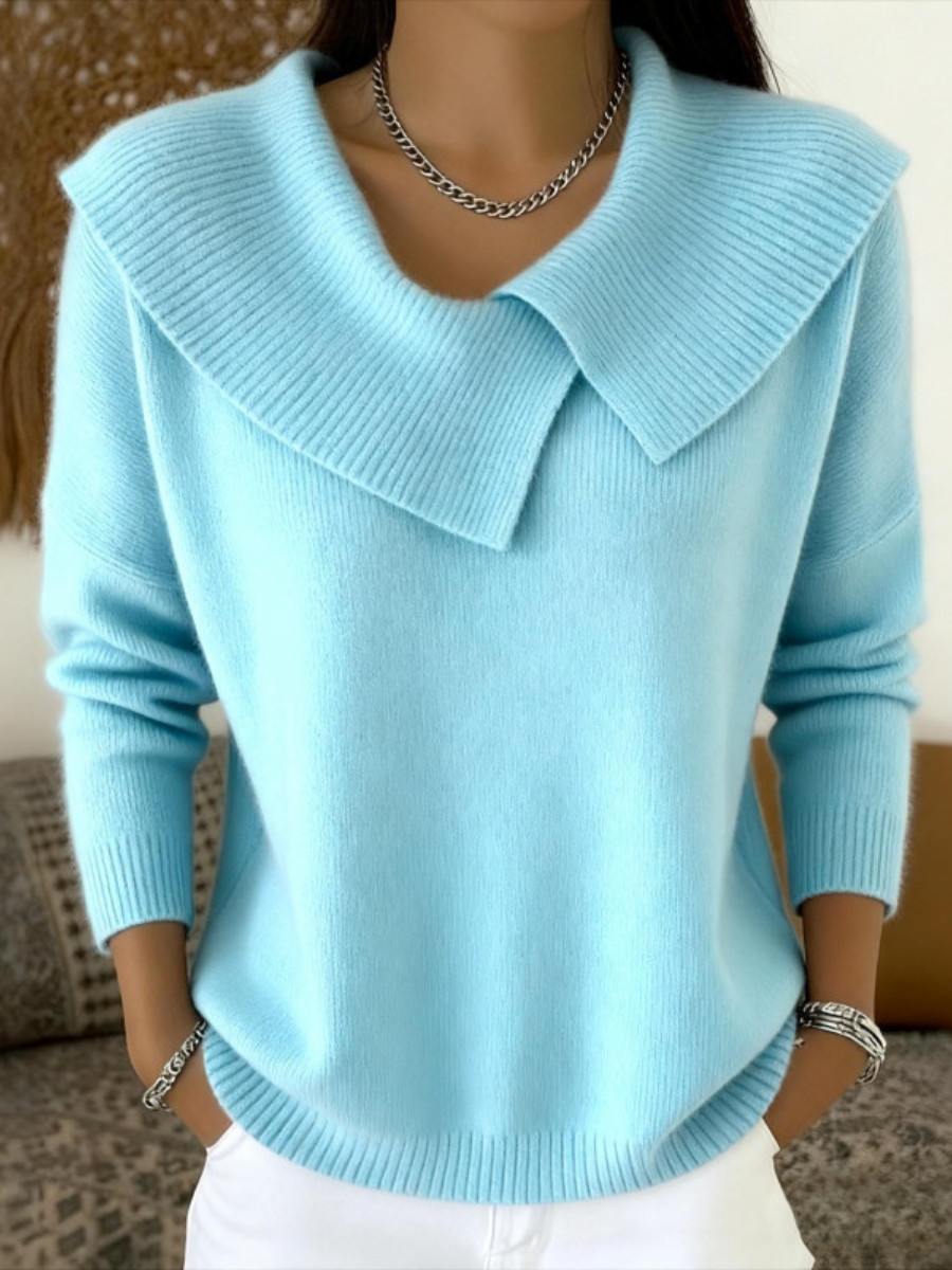 Women's knit sweater with oversized ribbed collar and long sleeves