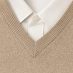 Men's long-sleeve V-neck sweater with ribbed trims worn over a collared shirt