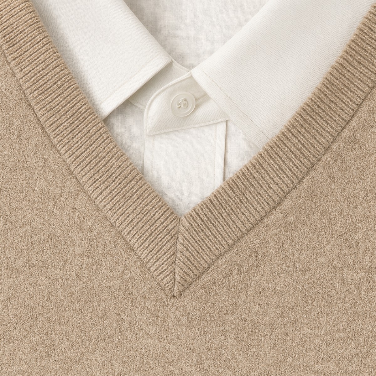 Men's long-sleeve V-neck sweater with ribbed trims worn over a collared shirt