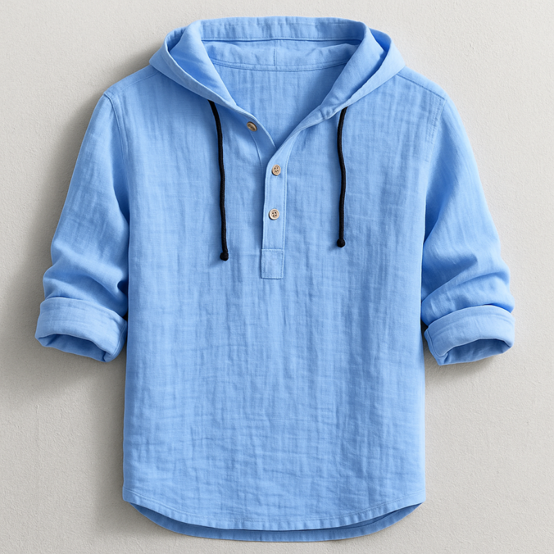 Men's long-sleeved hooded shirt with button placket and drawcords