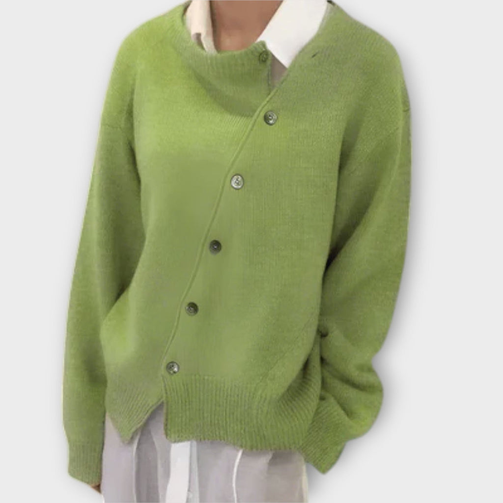 Women's knit cardigan with diagonal button front and long sleeves