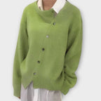 Women's knit cardigan with diagonal button front and long sleeves