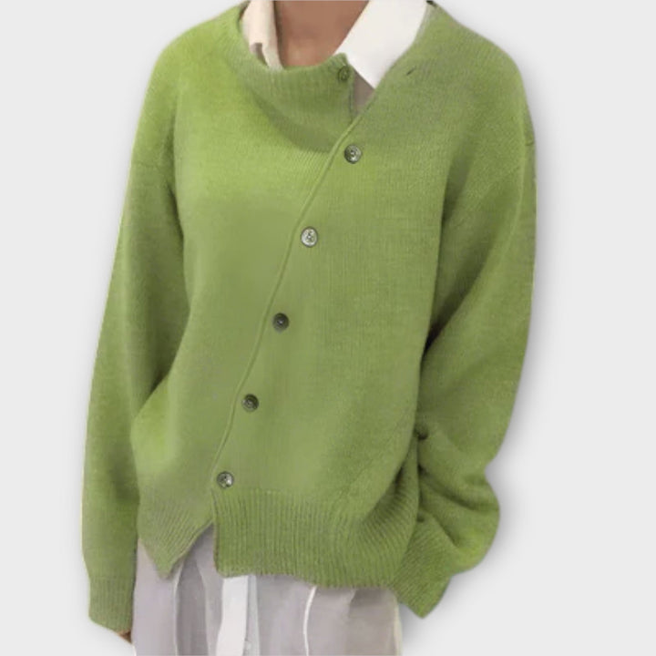 Women's knit cardigan with diagonal button front and long sleeves