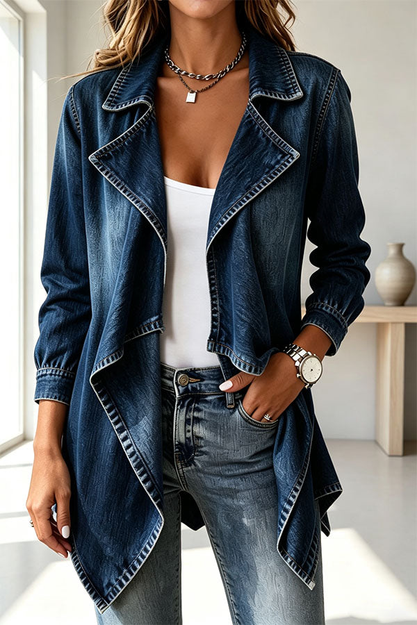 Women's mid-length denim lapel jacket with long sleeves