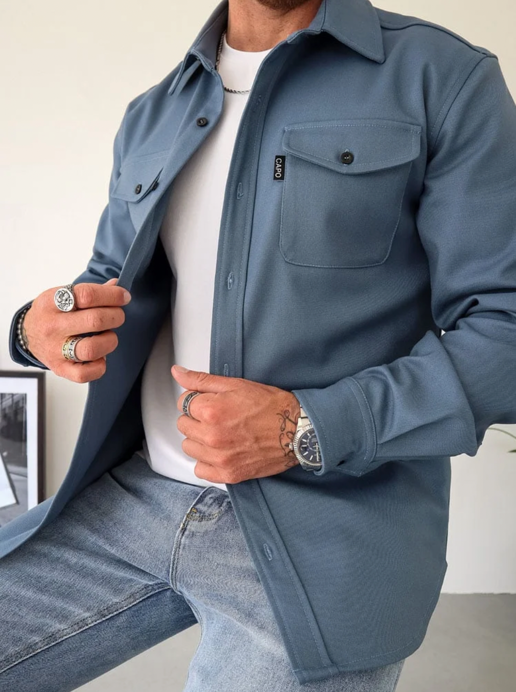 Men's long sleeve shirt jacket with chest pockets