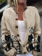 Women's button-front cardigan with a repeated cat print and long sleeves