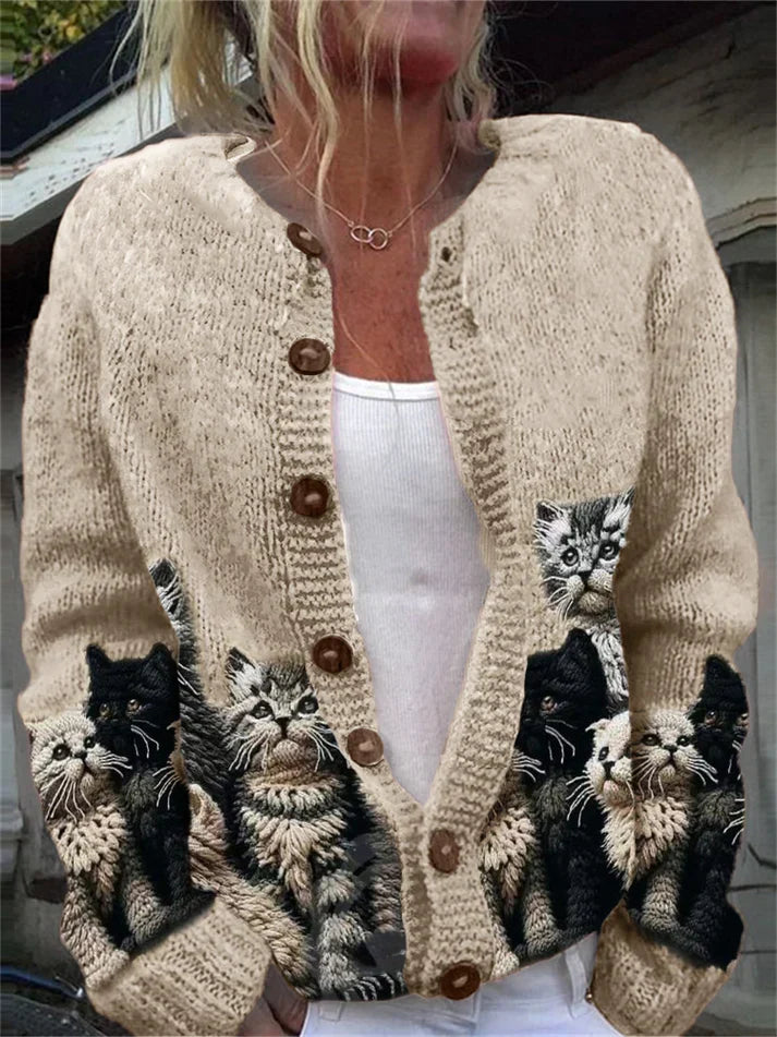 Women's button-front cardigan with a repeated cat print and long sleeves