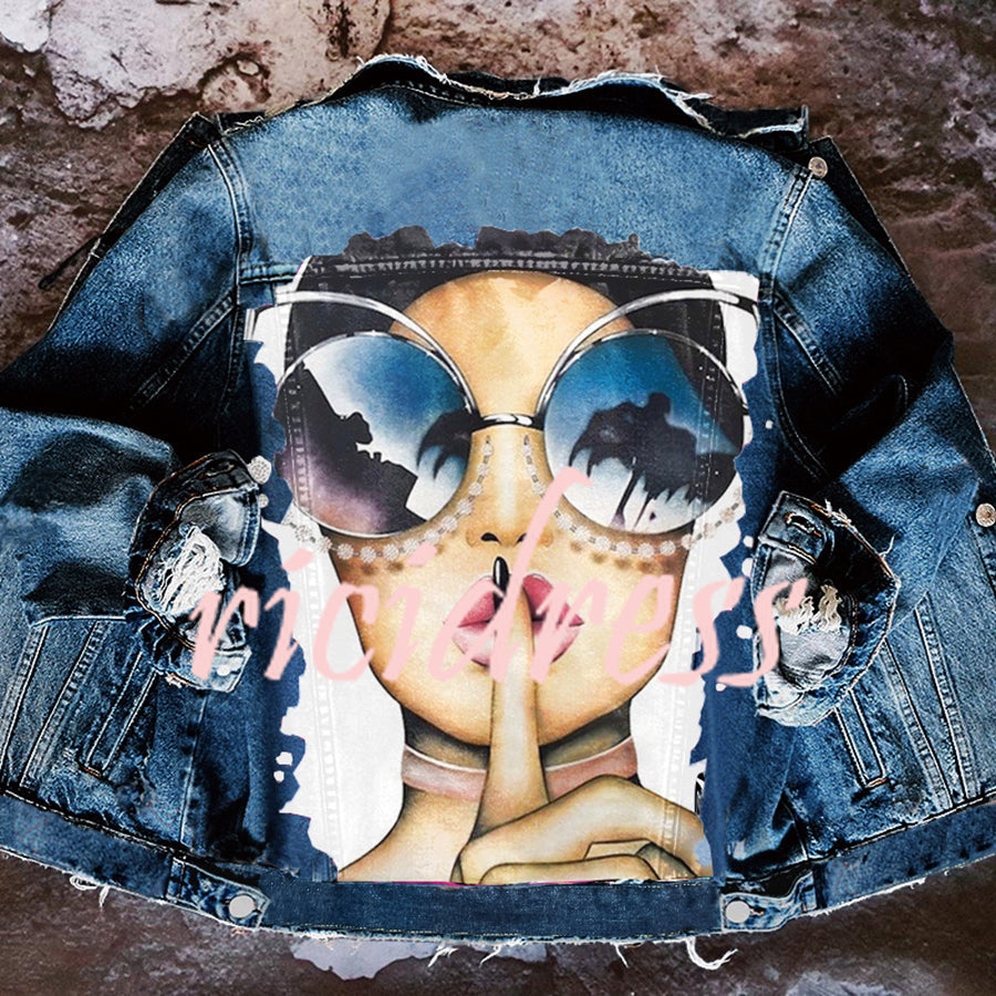 Women's printed denim jacket with portrait graphic and distressed details