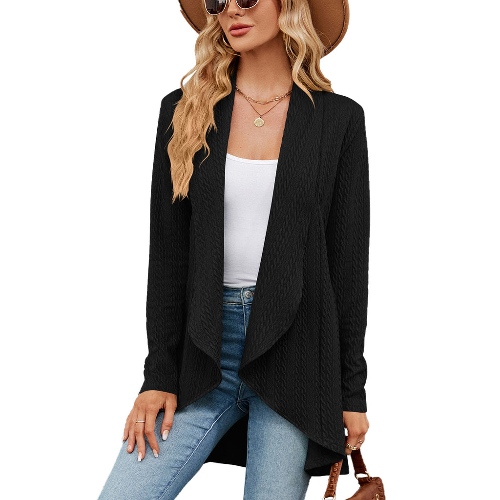 Women's open front textured cable cardigan with long sleeves and draped front panels