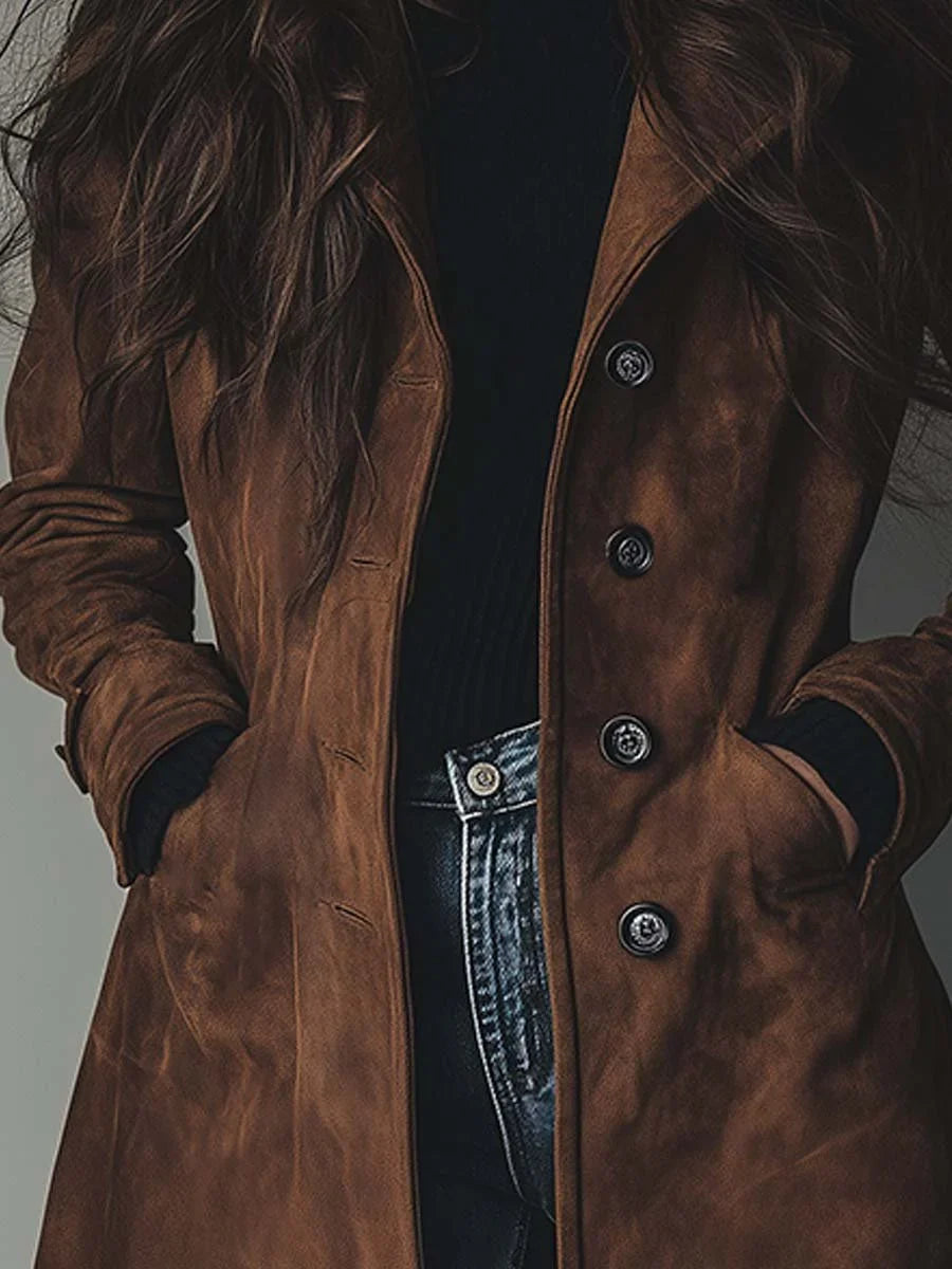 Women's long patchwork trench coat with notched collar and button front