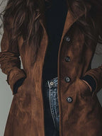 Women's long patchwork trench coat with notched collar and button front