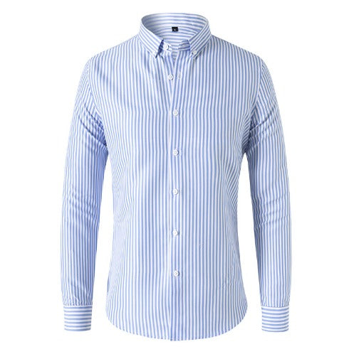 Men's vertical striped shirt with button front and rolled sleeves
