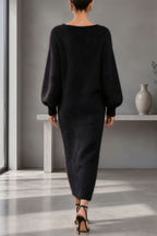 Women's textured knit V-neck midi dress with buttons, balloon sleeves and side slit