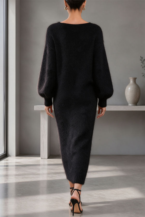 Women's textured knit V-neck midi dress with buttons, balloon sleeves and side slit