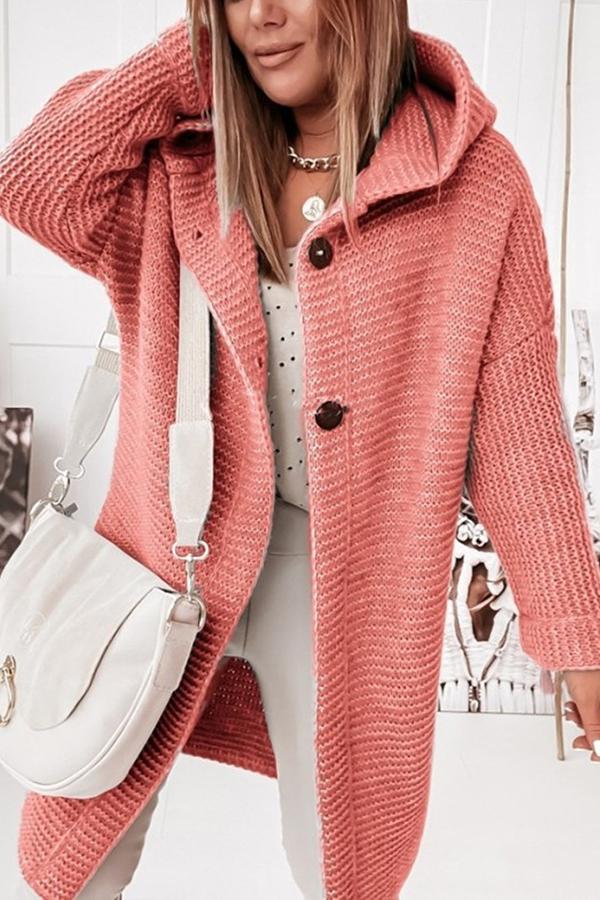 Women's longline hooded button cardigan with textured knit finish