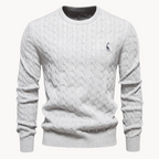 Men's cable-knit jumper with crew neck, long sleeves and chest emblem