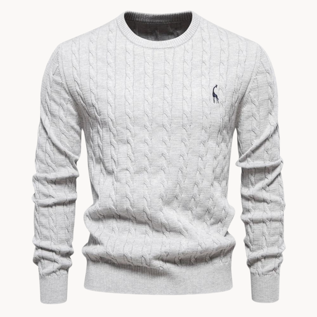 Men's cable-knit jumper with crew neck, long sleeves and chest emblem