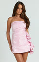 Women's pink strapless jacquard mini dress with layered side ruffles