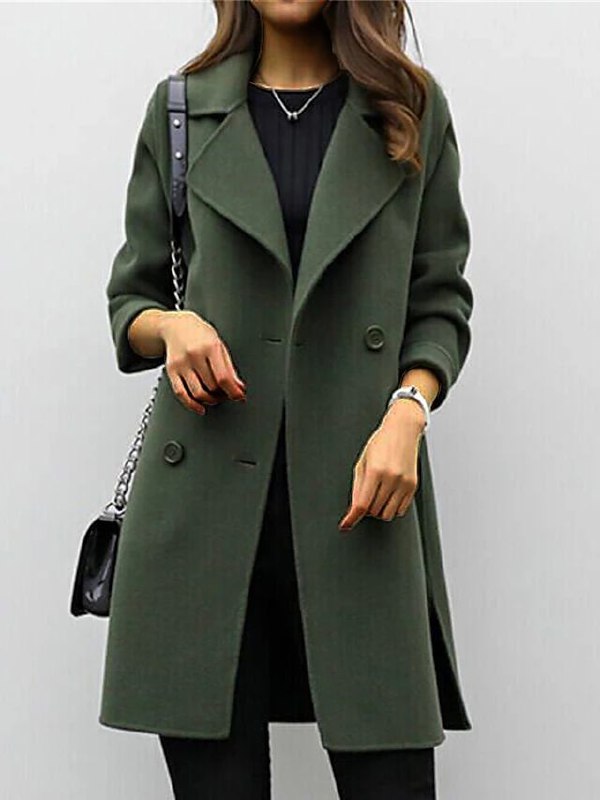 Women's long double-breasted coat with lapel collar and long sleeves