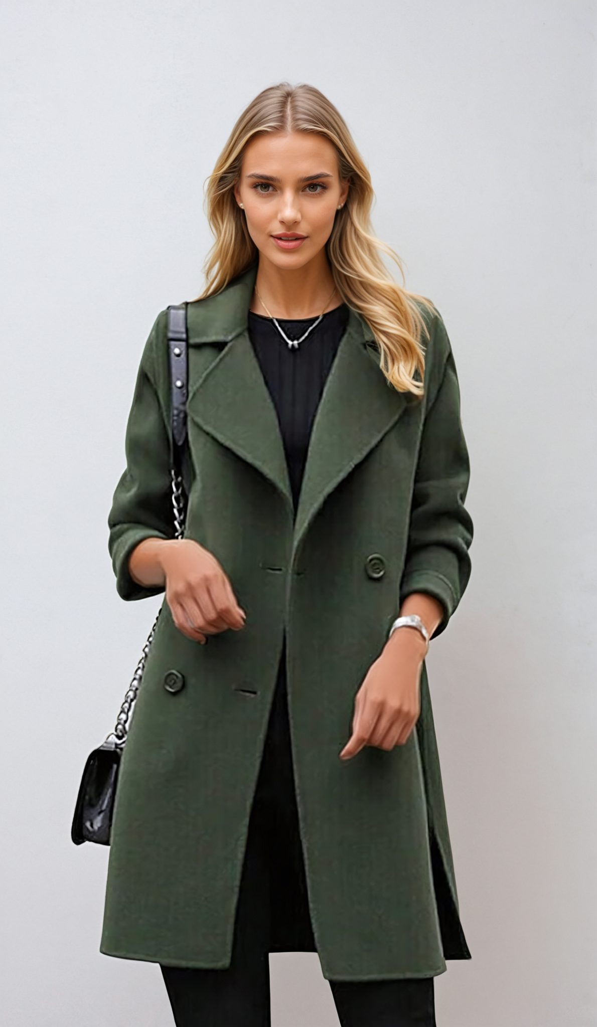 Women's long double-breasted coat with lapel collar and long sleeves