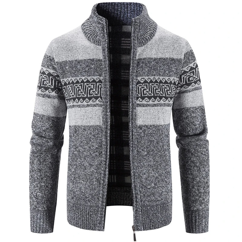 Men's geometric striped knit cardigan jacket with mock neck and zip front