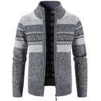 Men's geometric striped knit cardigan jacket with mock neck and zip front