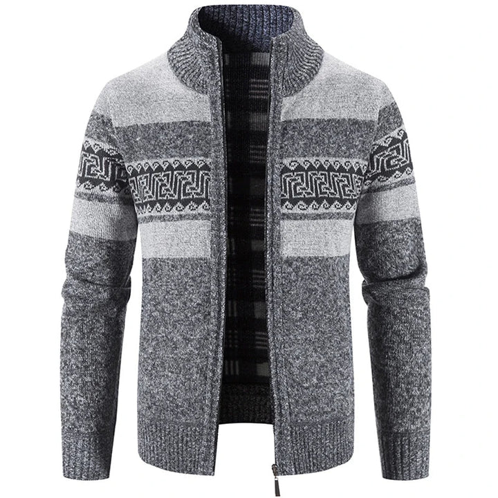 Men's geometric striped knit cardigan jacket with mock neck and zip front