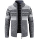 Men's geometric striped knit cardigan jacket with mock neck and zip front
