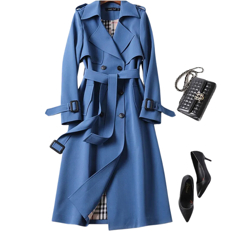 Women's long belted trench coat with double-breasted buttons, lapels and cuff straps