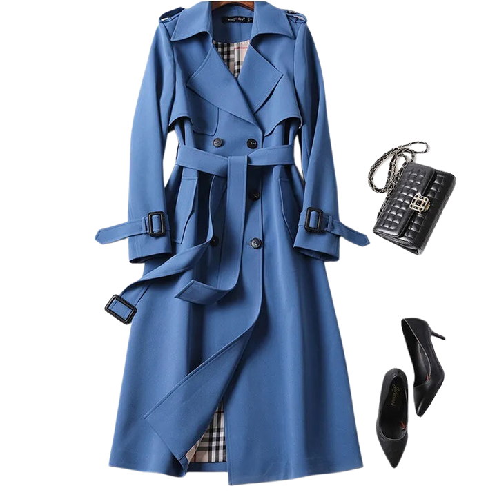 Women's long belted trench coat with double-breasted buttons, lapels and cuff straps