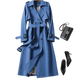 Women's long belted trench coat with double-breasted buttons, lapels and cuff straps