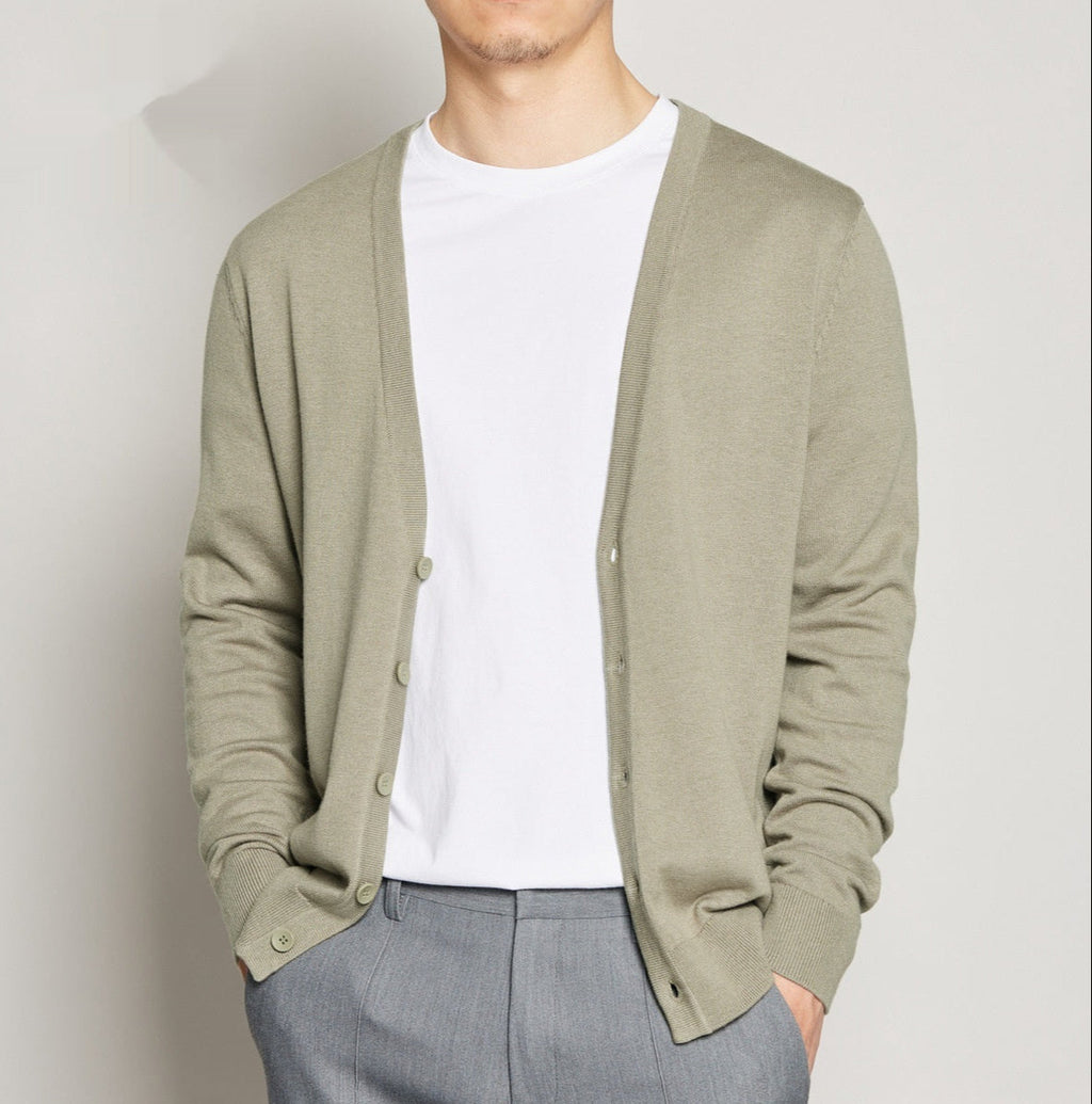 Men's slim fit V-neck button cardigan with long sleeves and ribbed trims