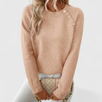 Women's long-sleeve crew neck jumper with shoulder buttons and cropped hem